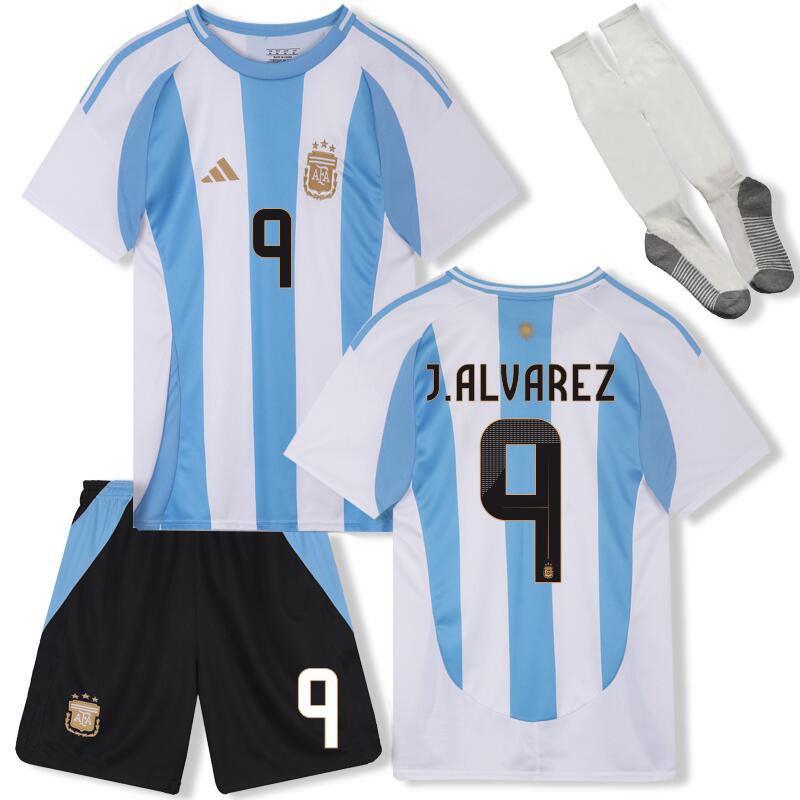 Kinder Argentinien J.Alvarez 9 Weiß Blau Heimtrikot 2024 Trikotsatz Sets