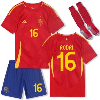 Kinderheim Trikot Rodri 16 Spanien EURO 2024 Rot Trikotsatz