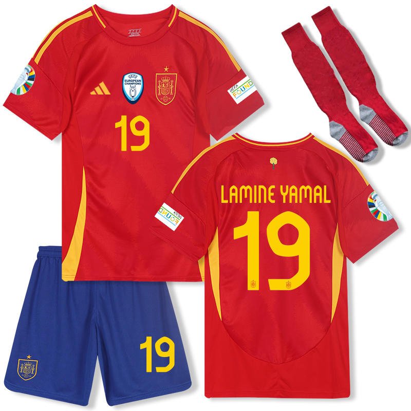 Spanien Heimtrikot EM 2024 Kinder Fußballtrikots mit Aufdruck Lamine Yamal 19